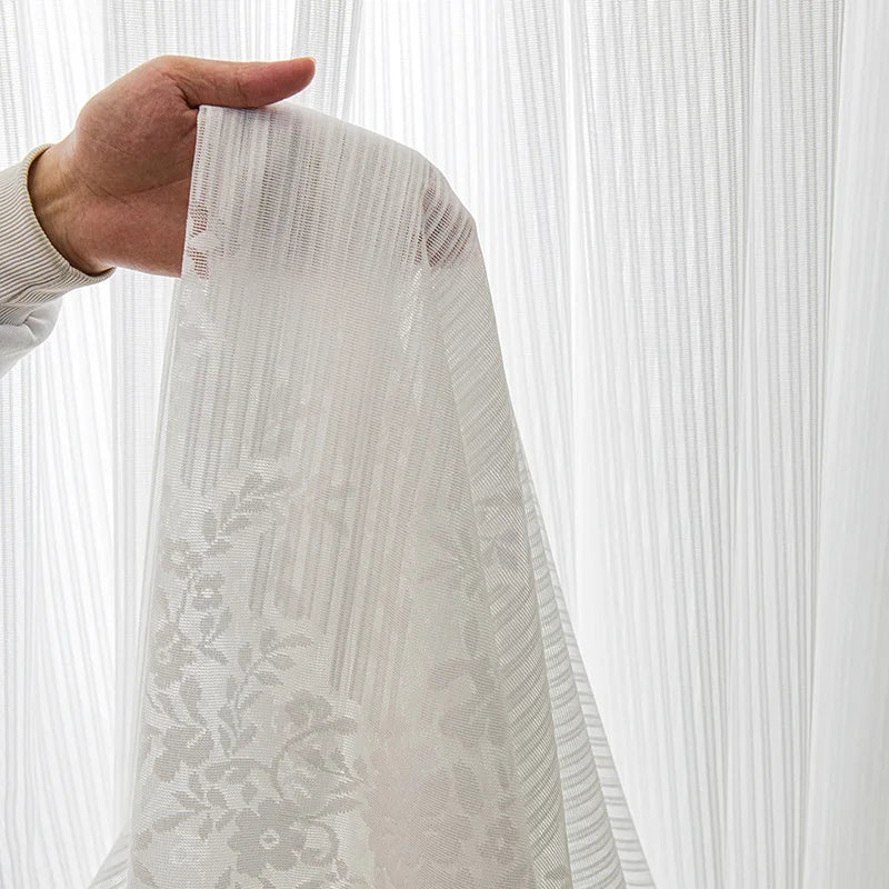 White Tulle Sheer Curtain with Striped Jacquard Hem