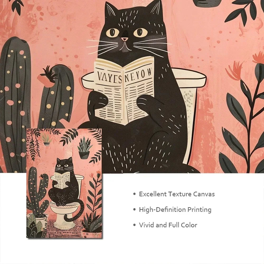 Funny Black Cat On The Toilet Reading Newspaper Canvas Painting Animal Bath Prints Wall Art Pictures for Bathroom Home Decor