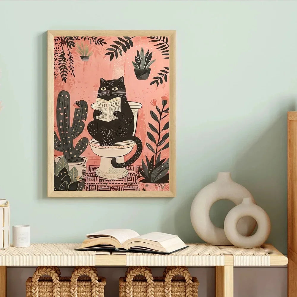 Funny Black Cat On The Toilet Reading Newspaper Canvas Painting Animal Bath Prints Wall Art Pictures for Bathroom Home Decor