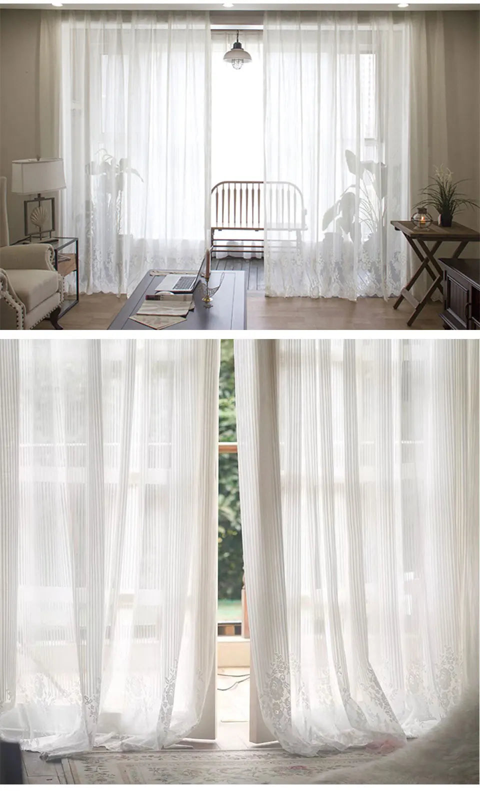 White Tulle Sheer Curtain with Striped Jacquard Hem