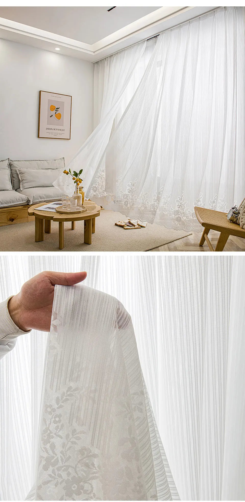 White Tulle Sheer Curtain with Striped Jacquard Hem