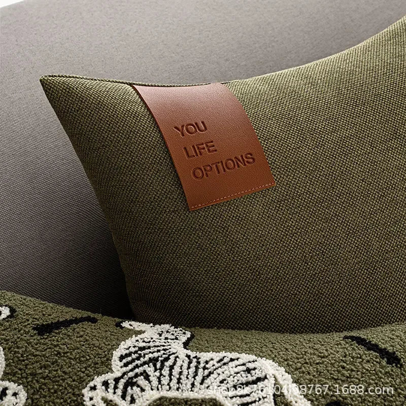 Leather Label Splicing Throw Pillow Cover