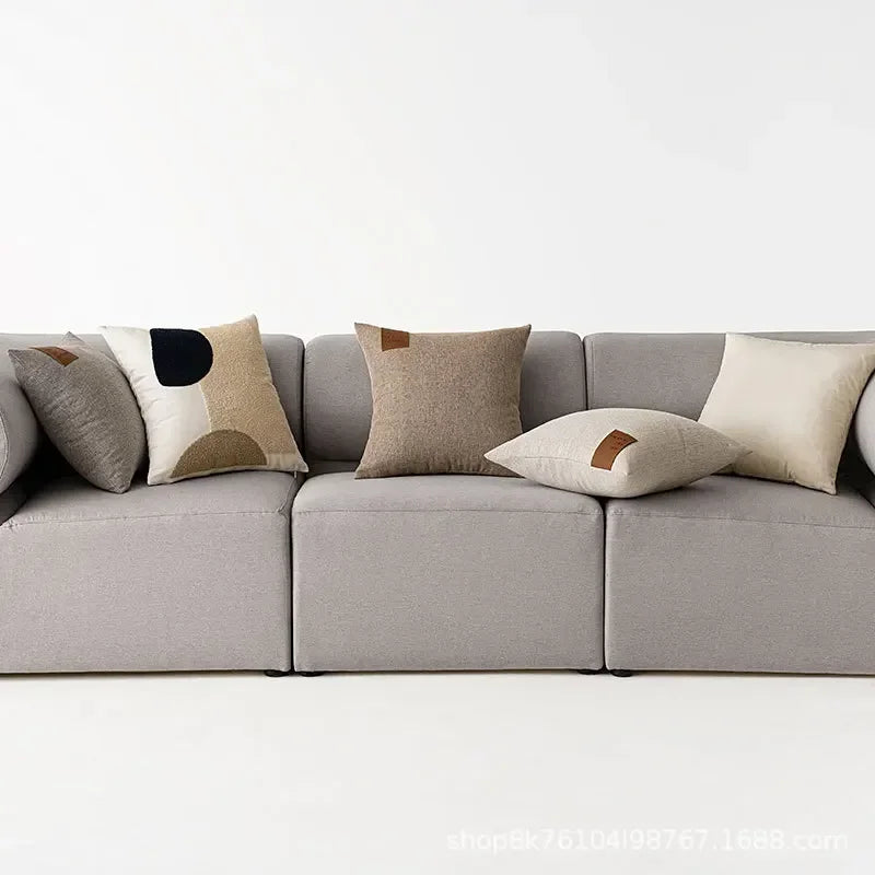 Leather Label Splicing Throw Pillow Cover