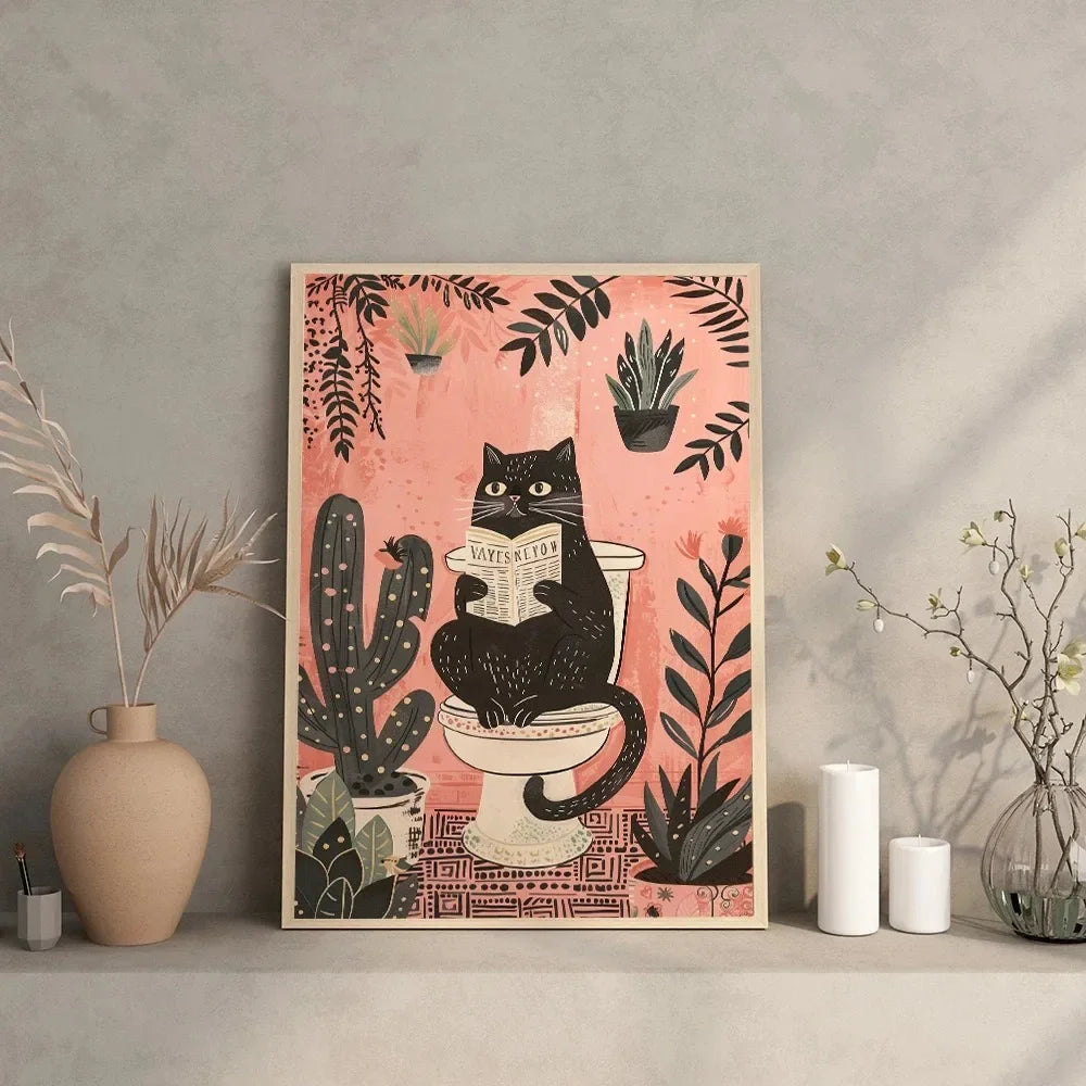 Funny Black Cat On The Toilet Reading Newspaper Canvas Painting Animal Bath Prints Wall Art Pictures for Bathroom Home Decor