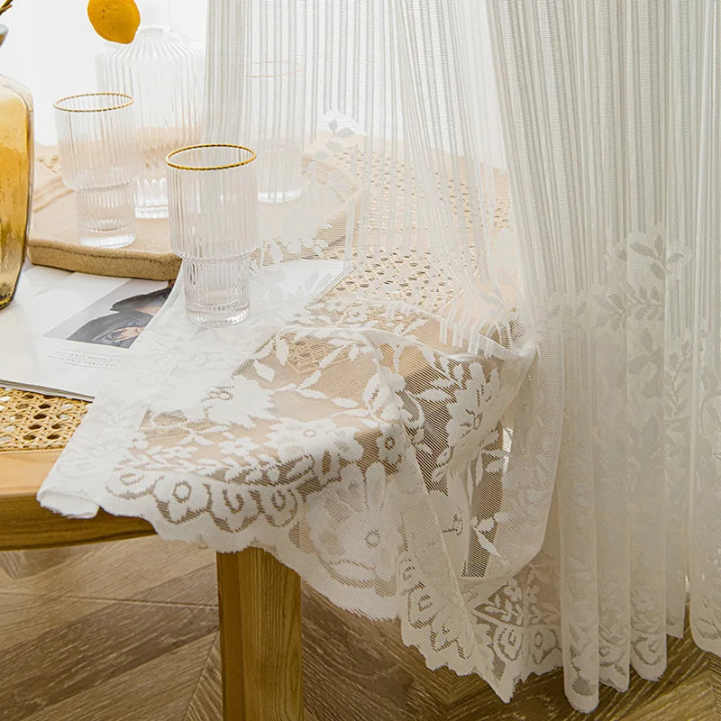 White Tulle Sheer Curtain with Striped Jacquard Hem