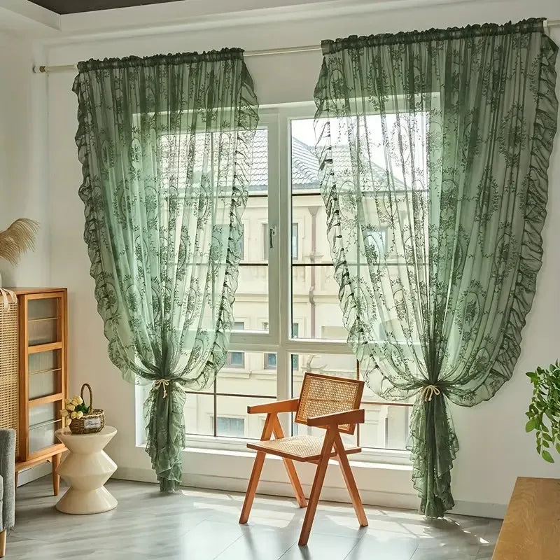 Ruffled Floral Sheer Jacquard Tulle Curtain Panel