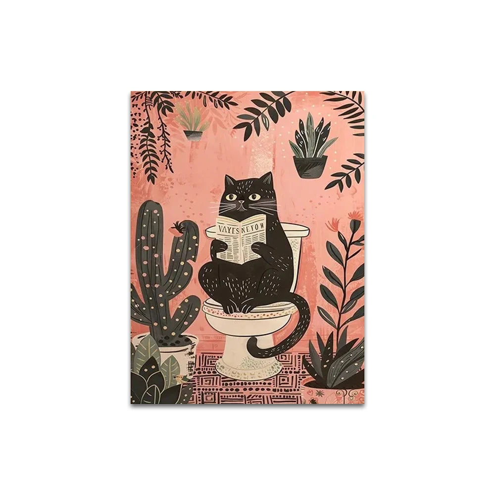Funny Black Cat On The Toilet Reading Newspaper Canvas Painting Animal Bath Prints Wall Art Pictures for Bathroom Home Decor