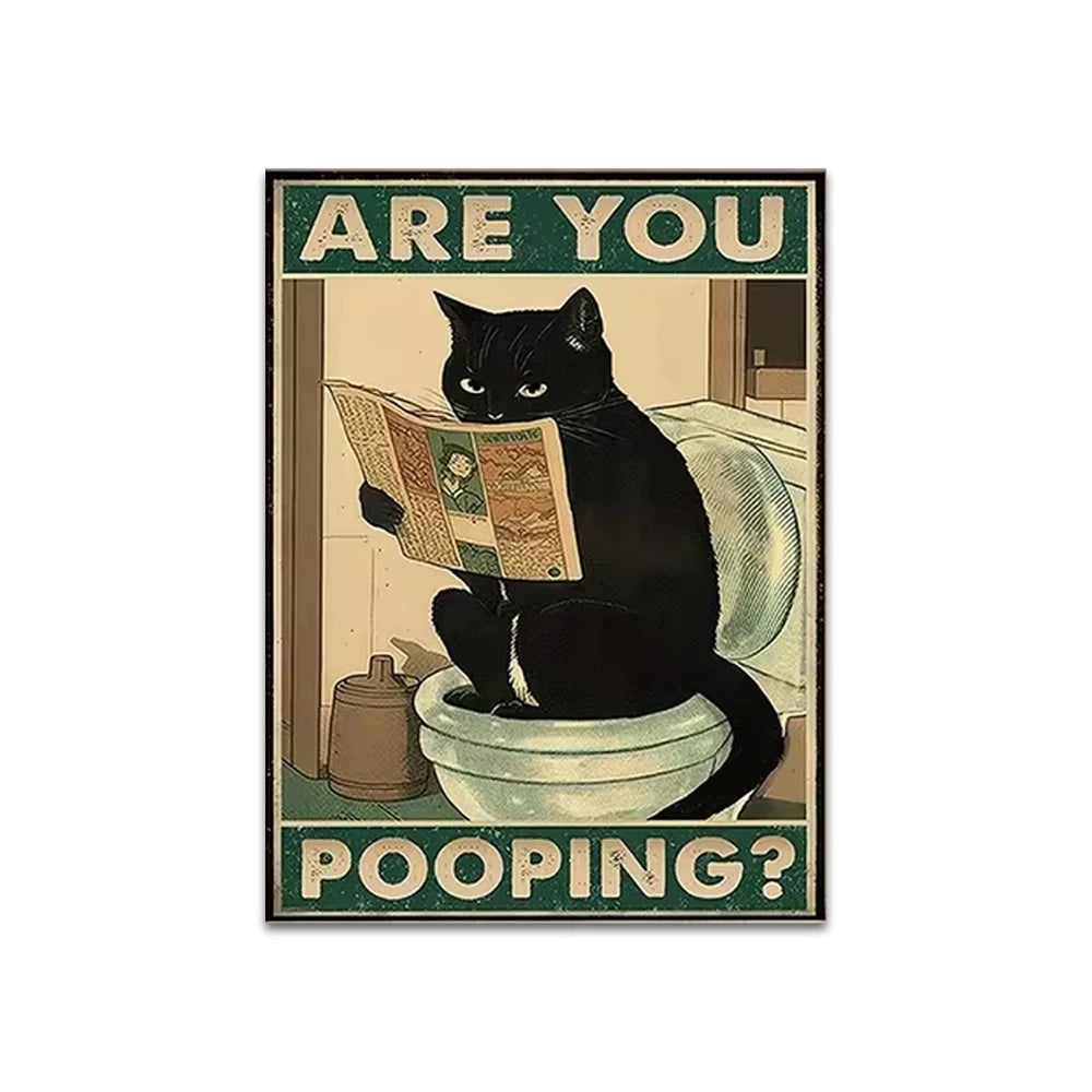 Funny Black Cat On The Toilet Reading Newspaper Canvas Painting Animal Bath Prints Wall Art Pictures for Bathroom Home Decor