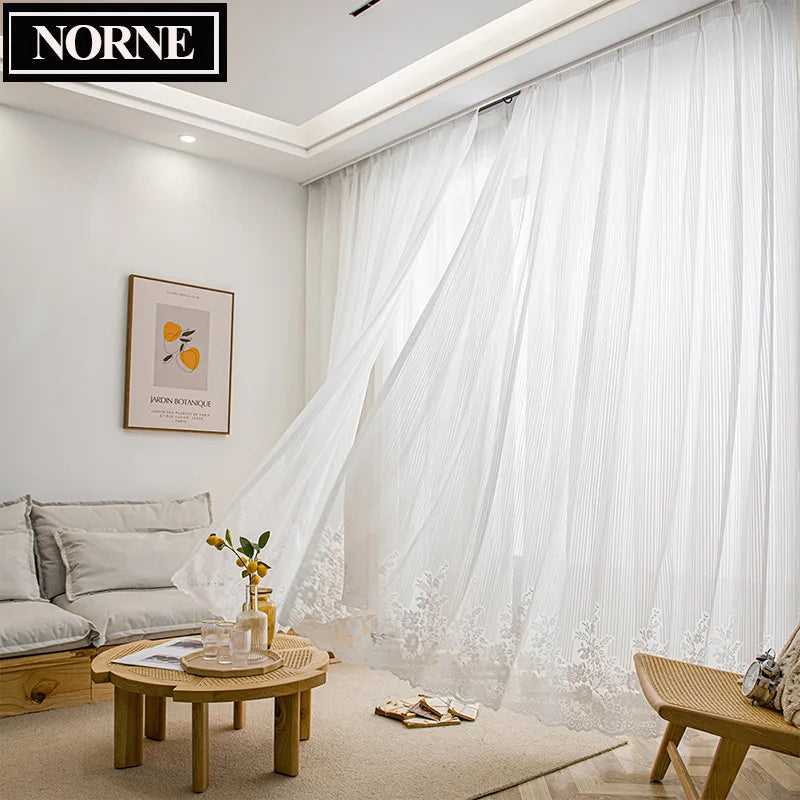White Tulle Sheer Curtain with Striped Jacquard Hem