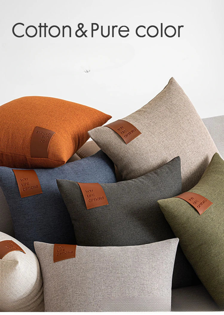 Leather Label Splicing Throw Pillow Cover