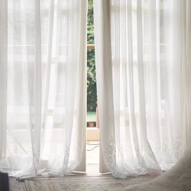 White Tulle Sheer Curtain with Striped Jacquard Hem