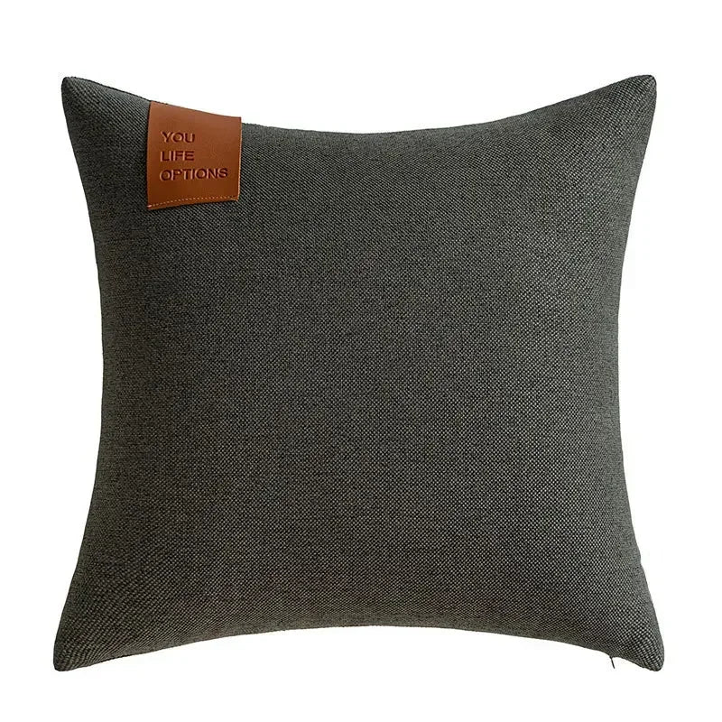 Leather Label Splicing Throw Pillow Cover