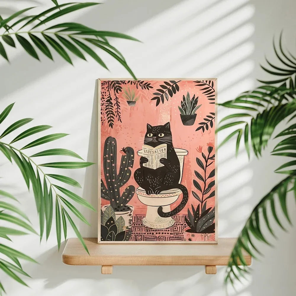 Funny Black Cat On The Toilet Reading Newspaper Canvas Painting Animal Bath Prints Wall Art Pictures for Bathroom Home Decor