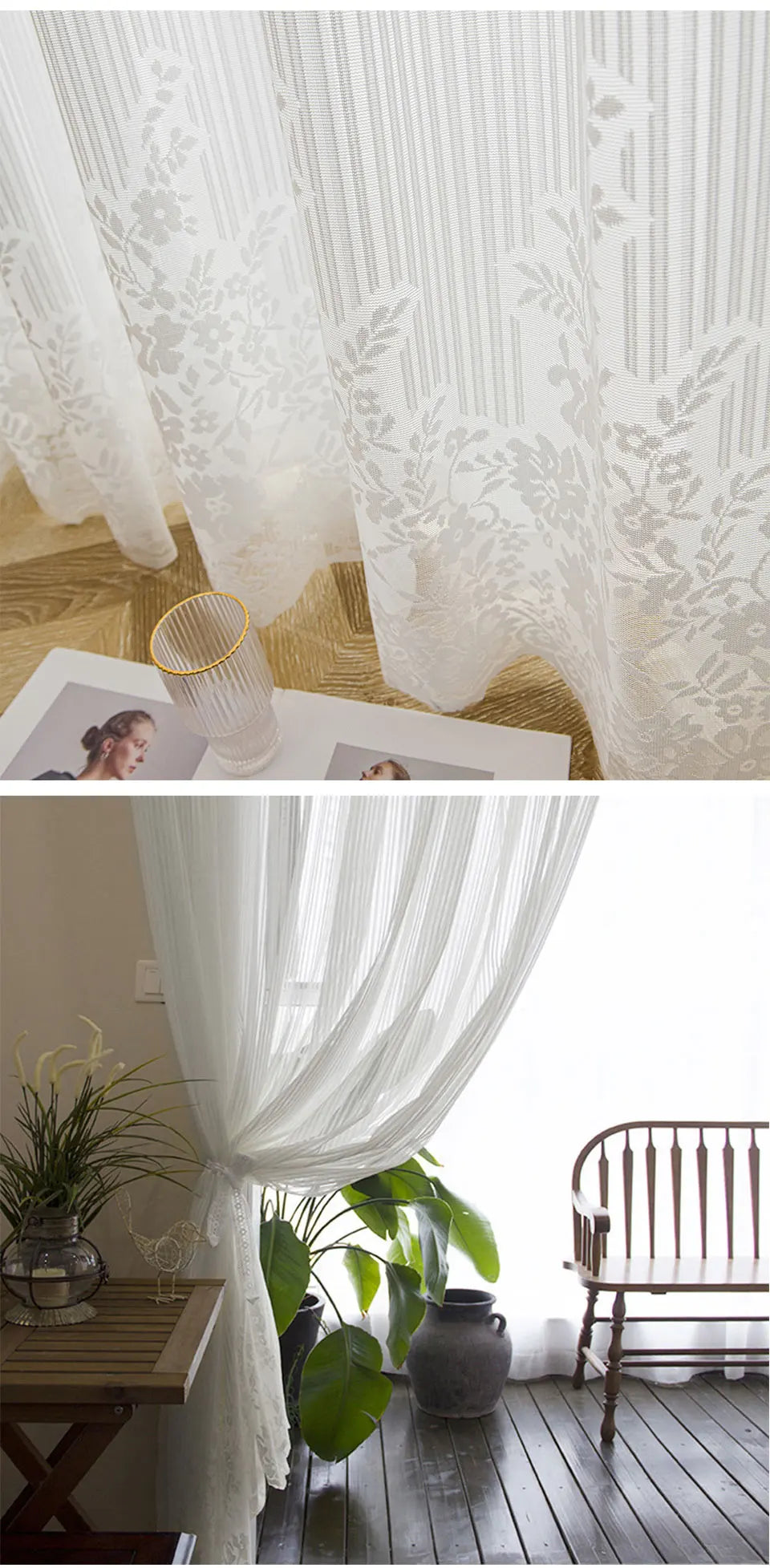 White Tulle Sheer Curtain with Striped Jacquard Hem