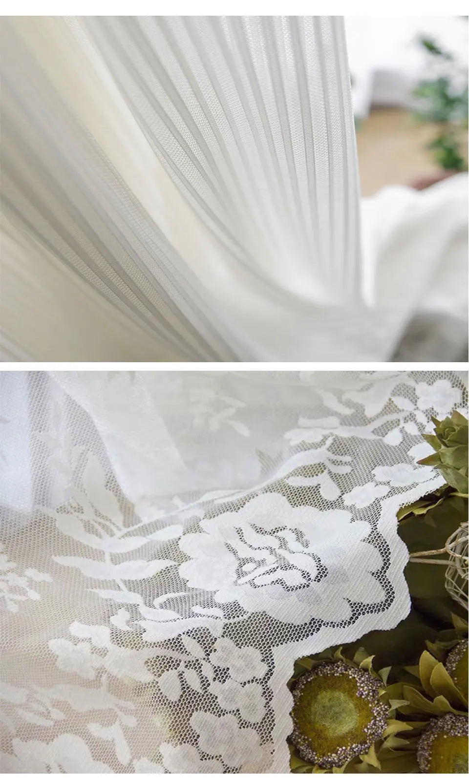 White Tulle Sheer Curtain with Striped Jacquard Hem