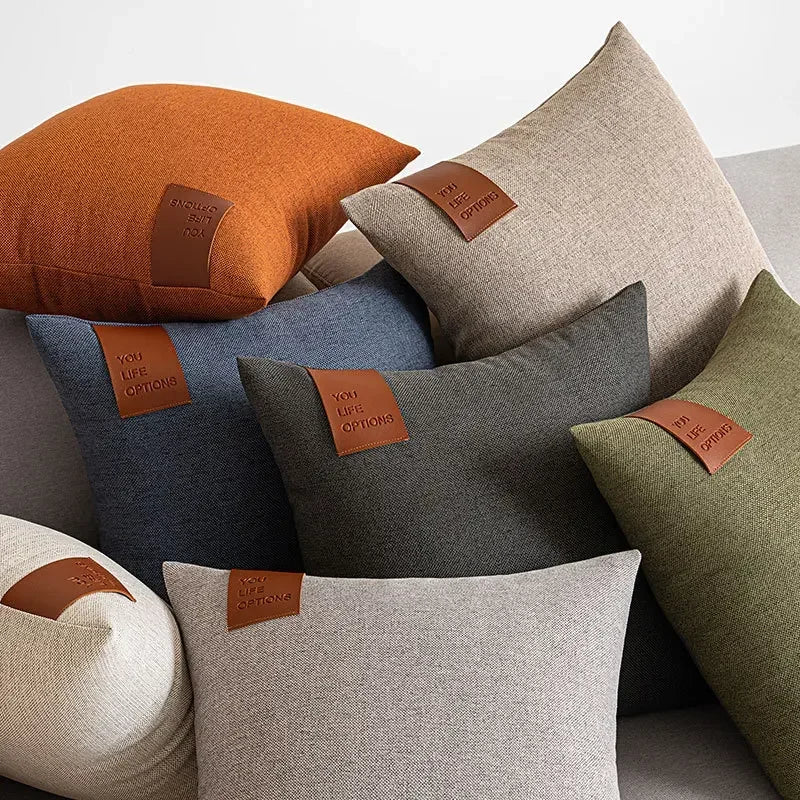 Leather Label Splicing Throw Pillow Cover