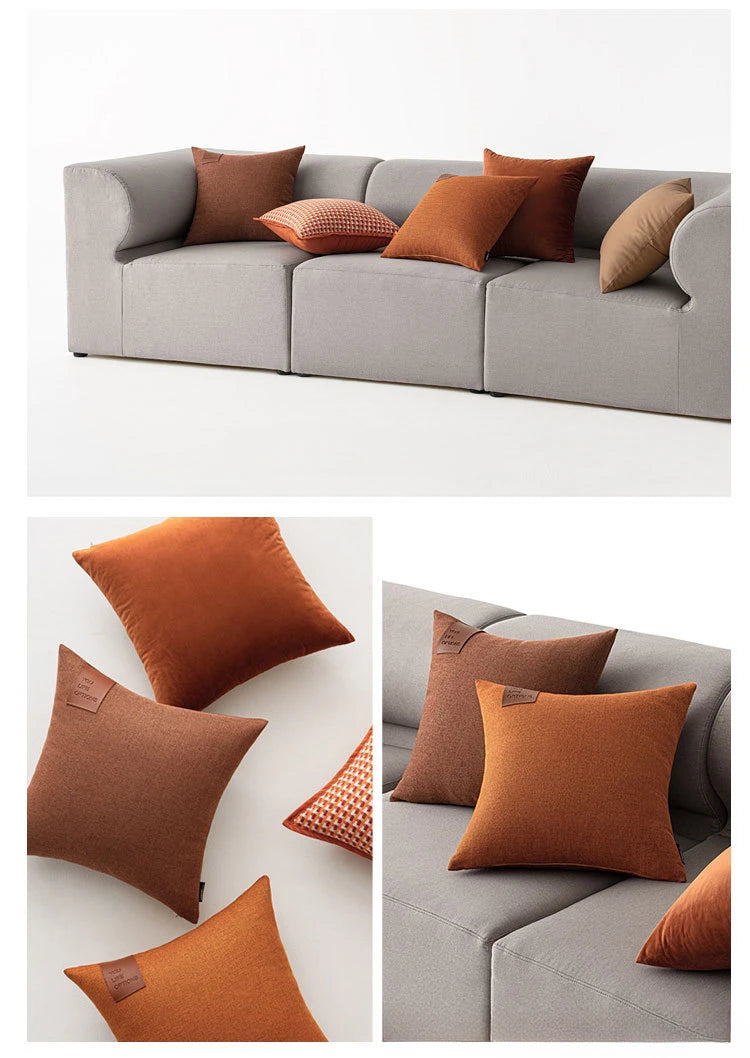 Leather Label Splicing Throw Pillow Cover