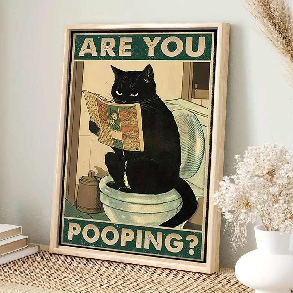 Funny Black Cat On The Toilet Reading Newspaper Canvas Painting Animal Bath Prints Wall Art Pictures for Bathroom Home Decor