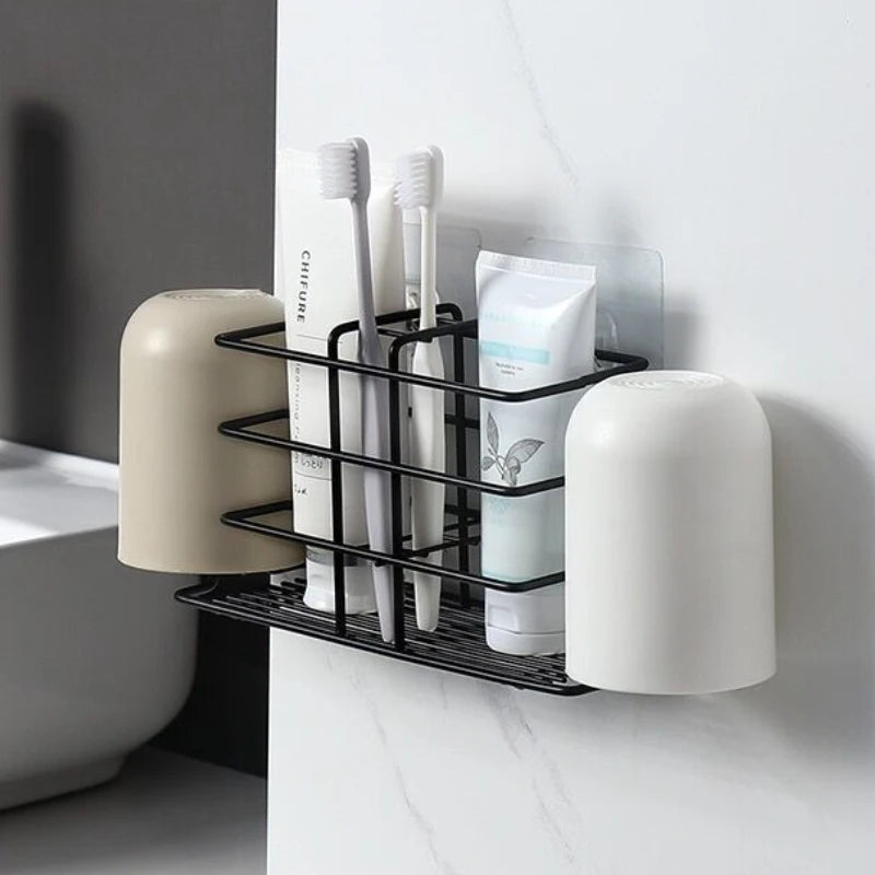 Drill-Free Iron Toothbrush Holder with Cup Rack